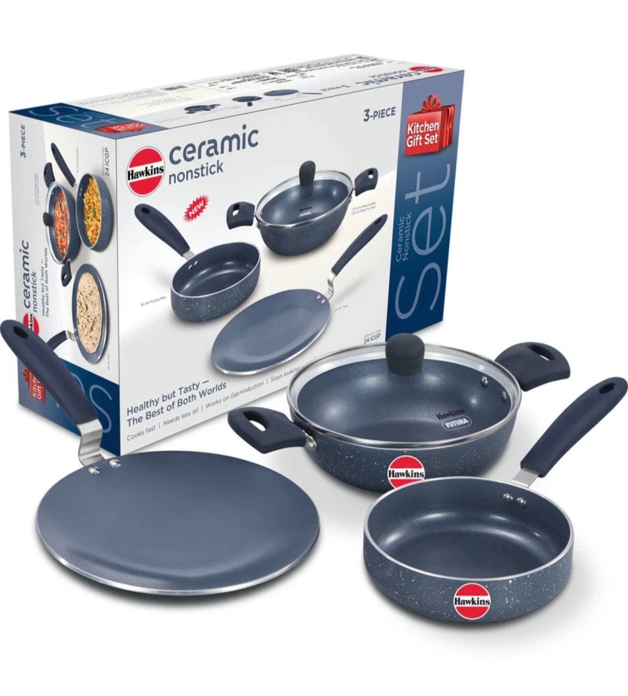 CERAMIC NON STICK GIFT PACK | HAWKINS | KADAI,FRY PAN,TAVA,TAWA | 24ICGP | SET OF 3 KADAI FRY PAN TAVA