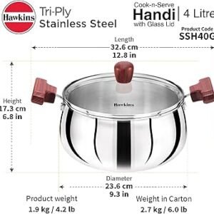 TRIPLY SS HANDI WITH GLASS LID COOK N SERVE | HAWKINS | COOKER | SSH40G | 4 L 20 CM
